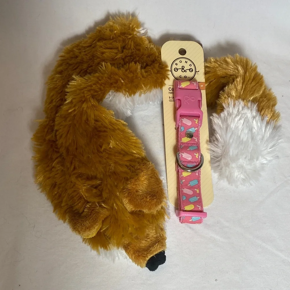 Bond & Co Pink Popsicle Web Dog Collar 9-14” & Skinz Fox Toy with squeakers